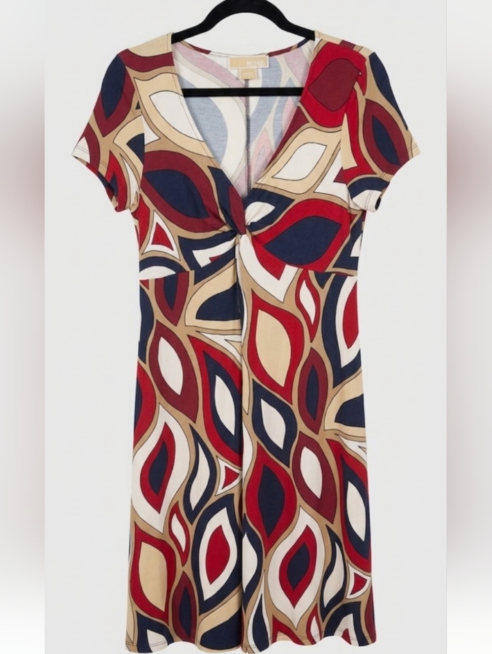 Michael Kors Red Navy Cream Geometric Twist-Front Midi Dress Sz Xsmall